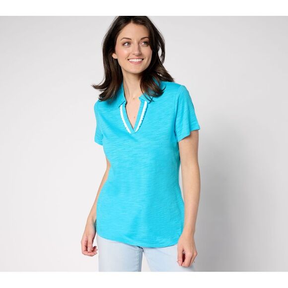 Belle by Kim Gravel Women's Top Sz M Short Sleeve Ruffle Trim Polo Blue A683205 - Picture 1 of 4